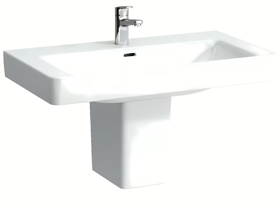 Baldinis praustuvas Laufen Pro S 85x46 cm iš blizgios baltos keramikos su anga pro maišytuvui per vidurį.
