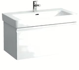 Baldinis praustuvas Laufen Pro S 85x46 cm iš blizgios baltos keramikos su anga pro maišytuvui per vidurį.