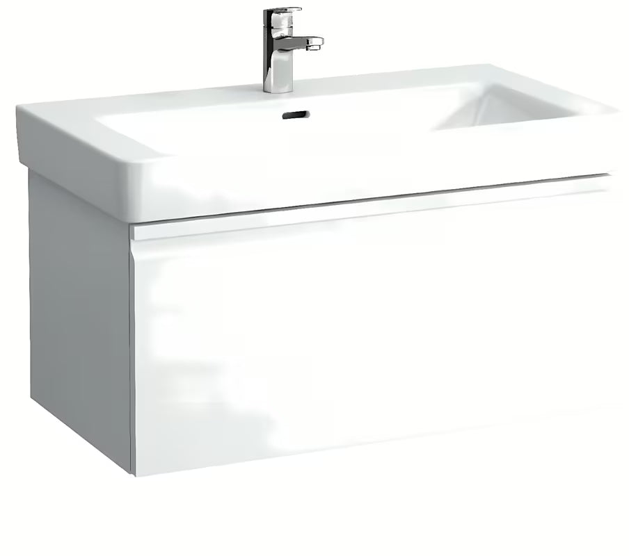 Baldinis praustuvas Laufen Pro S 85x46 cm iš blizgios baltos keramikos su anga pro maišytuvui per vidurį.