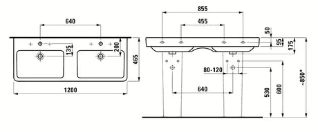 Baltas keraminis dvigubas praustuvas Laufen Pro S 120 x 46 cm su dviem angomis pro maišytuvui