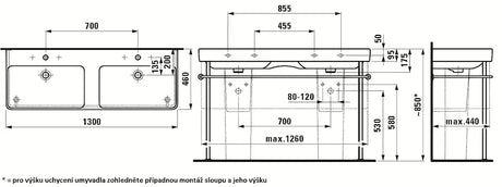 Baltas keraminis dvigubas praustuvas Laufen Pro S 130x46 cm pro montuoti į vonios kambario baldus