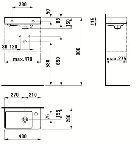 Baltas keraminis mažas praustuvas Laufen Pro S 48x28 cm su anga pro maišytuvui kairėje pusėje