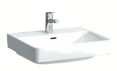 Baltas pakabinami keraminis praustuvas Laufen Pro S 55x46,5 cm su anga pro maišytuvui per vidurį ir persipylimu.