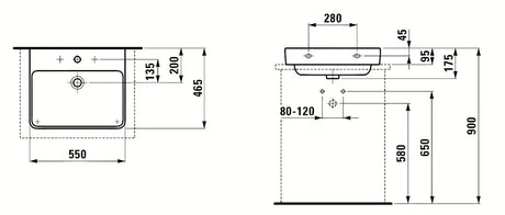 Baltas pakabinami keraminis praustuvas Laufen Pro S 55x46,5 cm su anga pro maišytuvui per vidurį ir persipylimu.