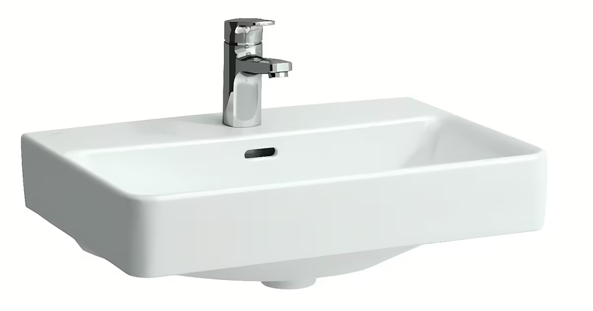Baltas pakabinami keraminis praustuvas Laufen Pro S 55x38 cm su persipylimo anga ir anga pro maišytuvui per vidurį