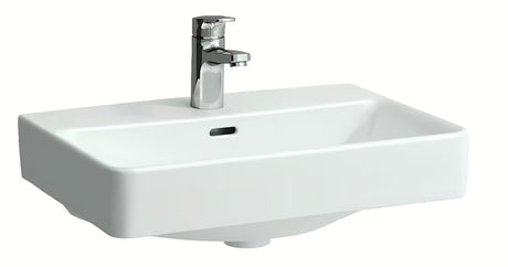 Baltas pakabinami keraminis praustuvas Laufen Pro S 55x38 cm su persipylimo anga ir anga pro maišytuvui per vidurį