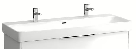 Baltas pakabinami dvigubas praustuvas Laufen Pro S 120x46 cm iš sanitarinės keramikos, su dviem angomis pro maišytuvui.