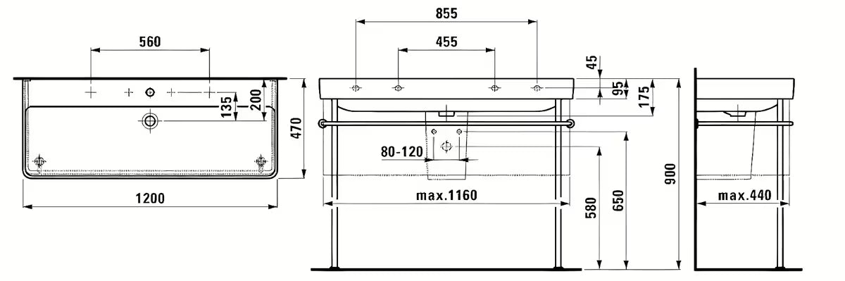 Baltas pakabinami dvigubas praustuvas Laufen Pro S 120x46 cm iš sanitarinės keramikos su dviem angomis pro maišytuvui.