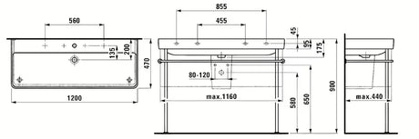 Baltas pakabinami dvigubas praustuvas Laufen Pro S 120x46 cm iš sanitarinės keramikos su dviem angomis pro maišytuvui.