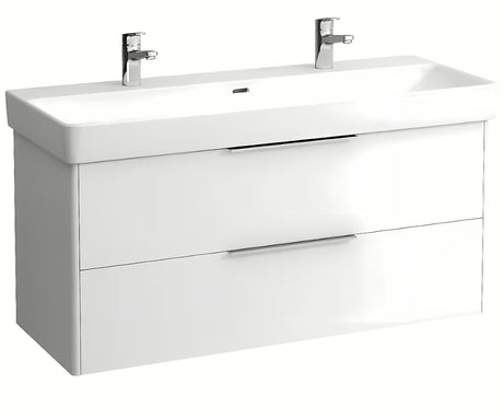 Baltas pakabinami dvigubas praustuvas Laufen Pro S 120x46 cm iš sanitarinės keramikos su dviem angomis pro maišytuvui.
