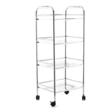 Elegantiškas slankiojantis vonios mobilus stelažas ant ratukų su keturiomis lentynėlėmis, Chrome apdailos.