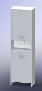 Aukšta vonios spintelė Multi Praxis iš balto laminato, su dviem lentynėlėmis.