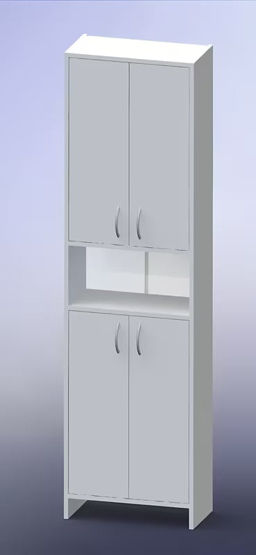 Aukšta vonios spintelė Multi Praxis iš balto laminato, su dviem lentynėlėmis.