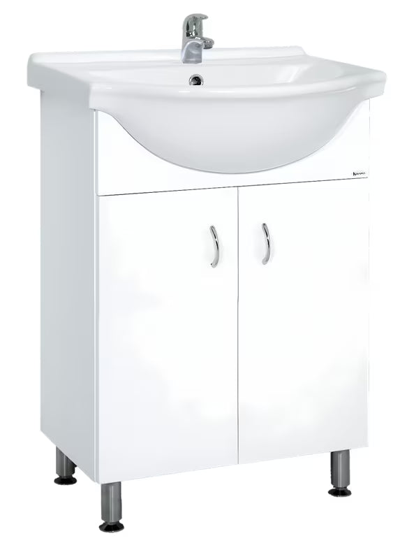 Balta vonios spintelė Multi Pro s su keraminiu 55 cm pločio praustuvu ir nerūdijančio plieno kojelėmis.