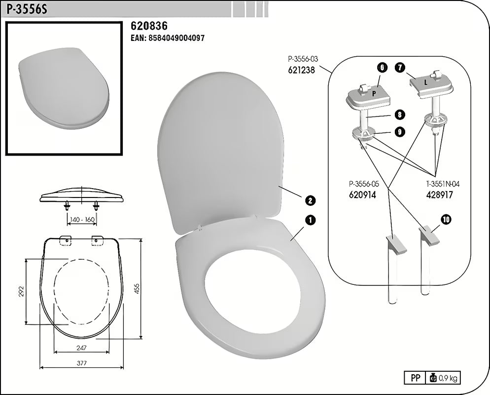Balta universali KLOZETO dangtis Multi iš termoplasto su plastikiniais vyriais ir paslėptu tvirtinimu