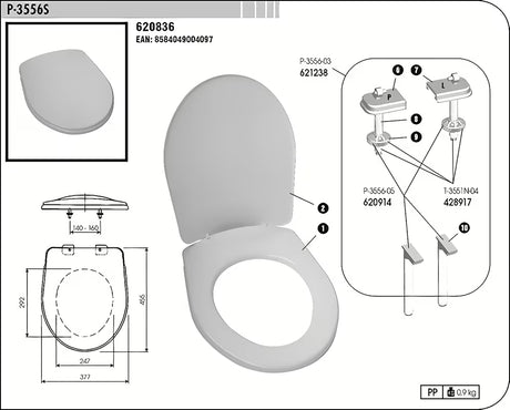 Balta universali KLOZETO dangtis Multi iš termoplasto su plastikiniais vyriais ir paslėptu tvirtinimu