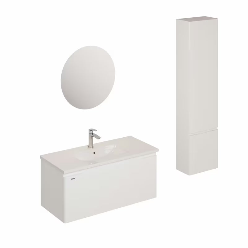 Baltos blizgios spalvos vonios kambario baldų komplektas Naturel Ancona su pakabinama spintele ir keraminiu praustuvu