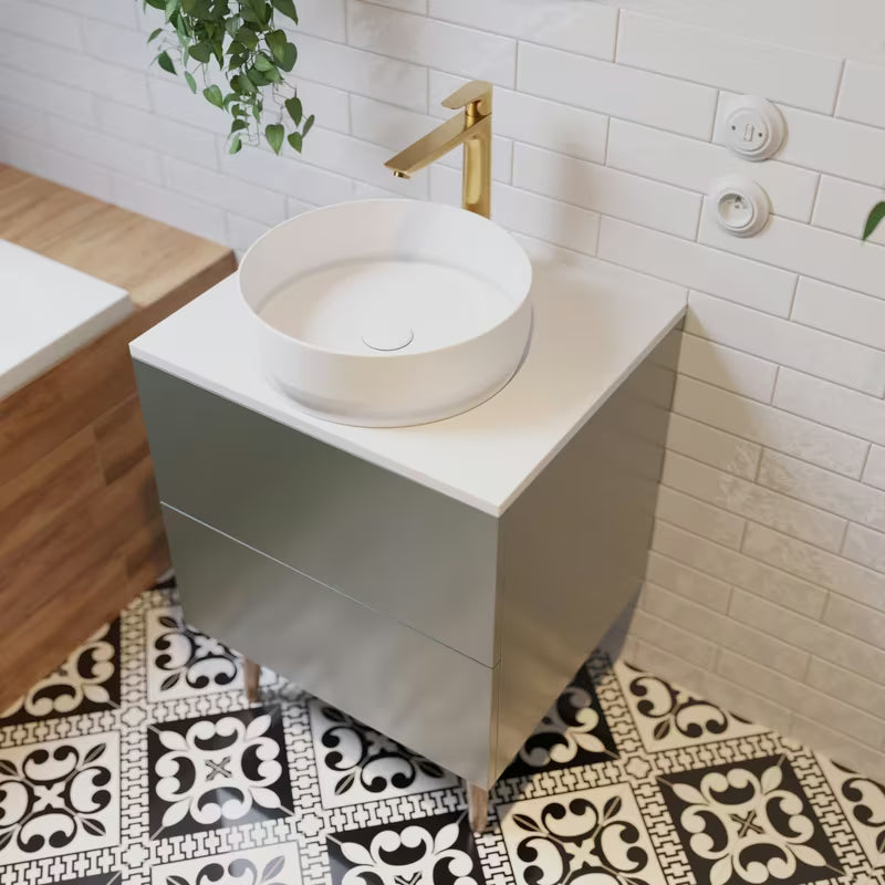 Pakabinama spintelė po praustuvu Naturel Boho 60 cm, matinės pilkai žalios spalvos, su PushOpen atidarymu.