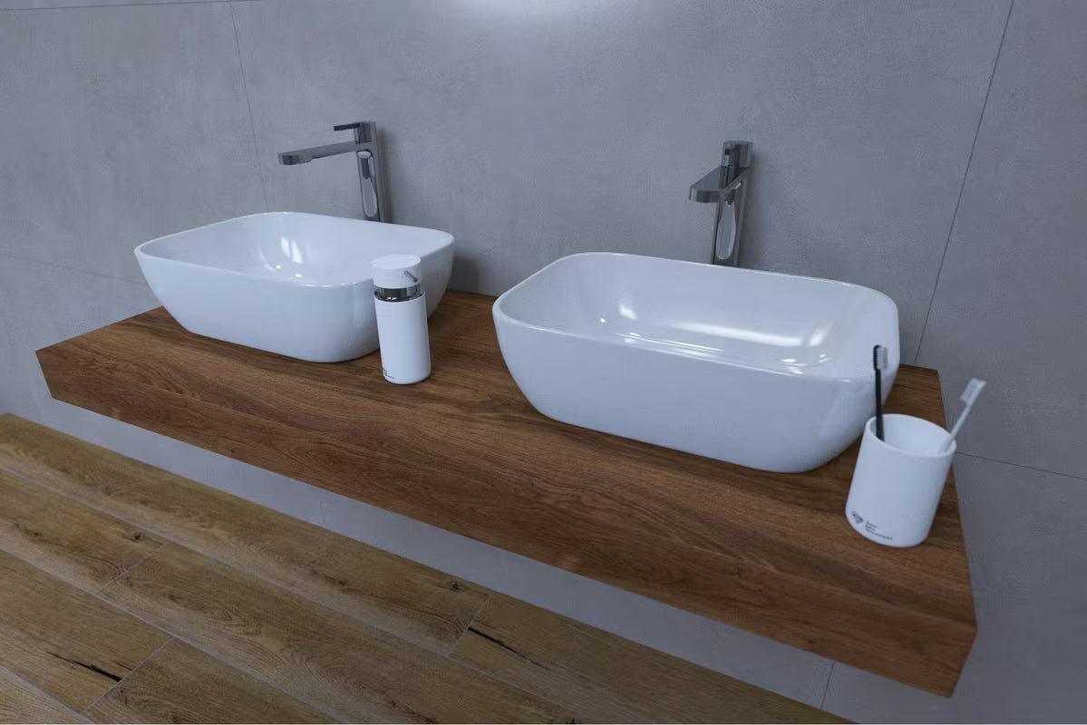 Vonios kambario Baldų Komplektas Naturel Dolce su 120x50 cm stalviršiu, ąžuolo charleston dekoro, pro du pastatomi ant stalviršio praustuvai