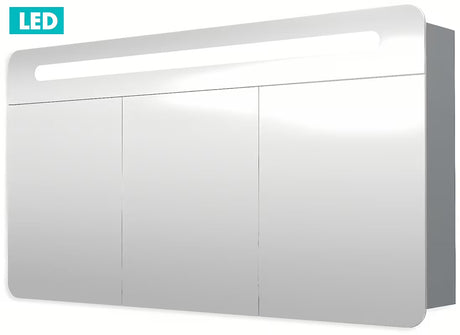 Veidrodinė spintelė Naturel 120x65 cm pilkai sidabrinės spalvos su LED apšvietimu ir su trejomis veidrodinėmis durelėmis.
