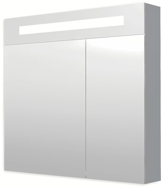 Pilkai sidabrinės spalvos veidrodinė spintelė Naturel 80x75 cm su dvejomis veidrodinėmis durelėmis ir LED apšvietimu.