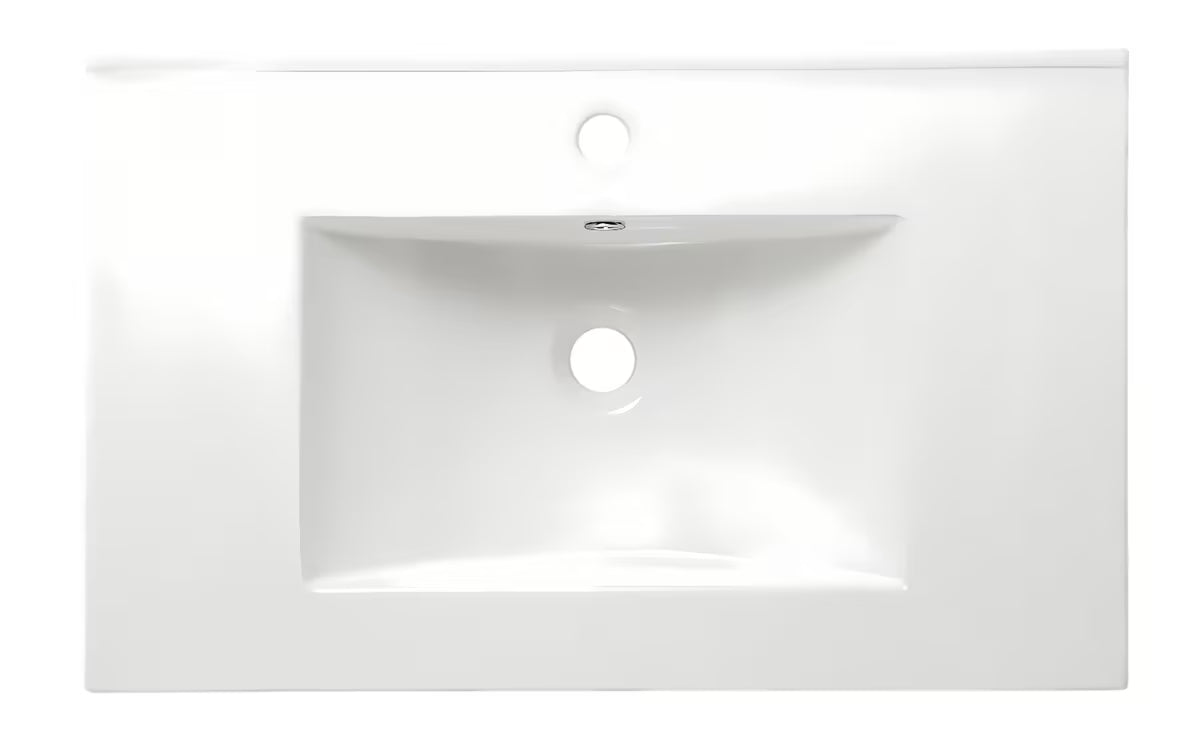 Baltas keraminis baldinis praustuvas Naturel Modena 61x46 cm su daiktų pasidėjimo vieta ir anga pro maišytuvui per vidurį.