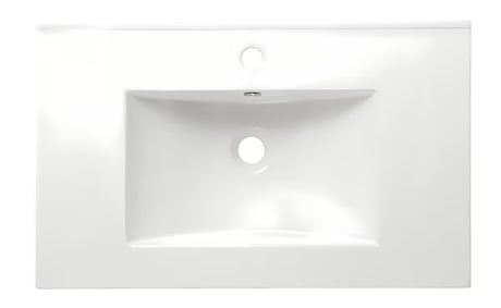 Baltas keraminis baldinis praustuvas Naturel Modena 61x46 cm su daiktų pasidėjimo vieta ir anga pro maišytuvui per vidurį.