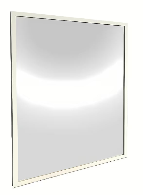 Vonios veidrodis su baltu aliuminio rėmu, tinkamas kabinti vertikaliai ir horizontaliai, 80 x 80 cm.