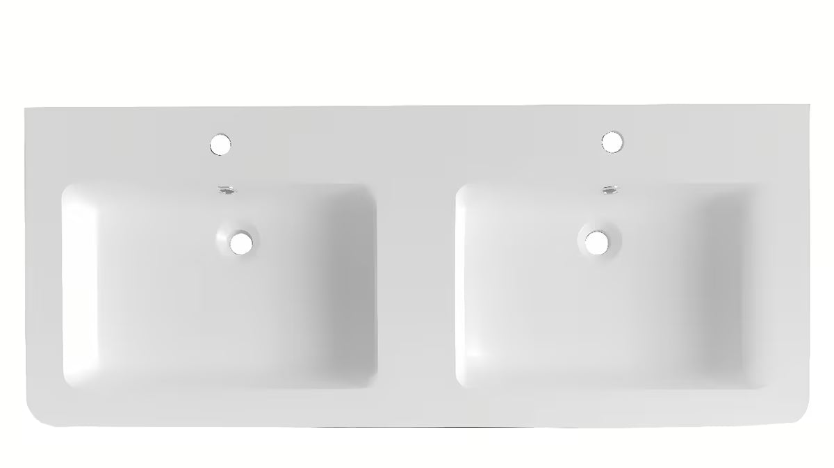Baltas baldinis dvigubas praustuvas Naturel Pavia 120x49 cm iš lieto marmuro su dviem angomis maišytuvui