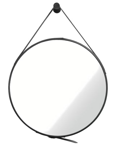 Apvalus pakabinami veidrodis Naturel, 50 cm skersmens, su juodu odiniu dirželiu ir metaliniu kabliuku.