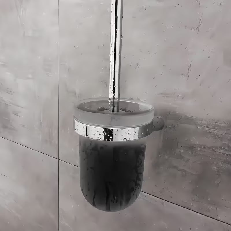 WC šepetys Nimco Bormo, chromo spalvos, su matinio stiklo indu ir juodu šepečiu