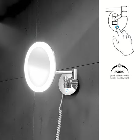 LED kosmetinis veidrodėlis Nimco chromo apdailos, su 5× didinimu ir lietimui jautriu apšviestu jungikliu.