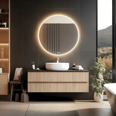 Apvalus LED vonios kambario veidrodis Nimco su perimetriniu apšvietimu, skersmuo 80 cm.