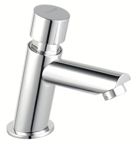 Chromuotas pastatomas praustuvo ventilis Novaservis su mygtukiniu valdymu ir automatiniu uždarymu.