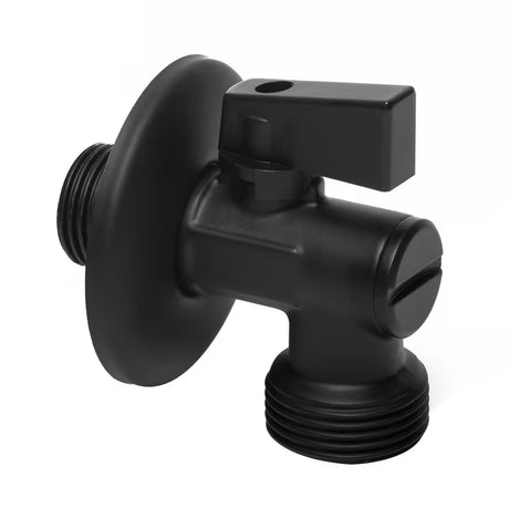 Visiškai metalinis kampinis skalbimo mašinos ventilis, juodos matinės spalvos, su filtru nešvarumams ir plastikine sklende.