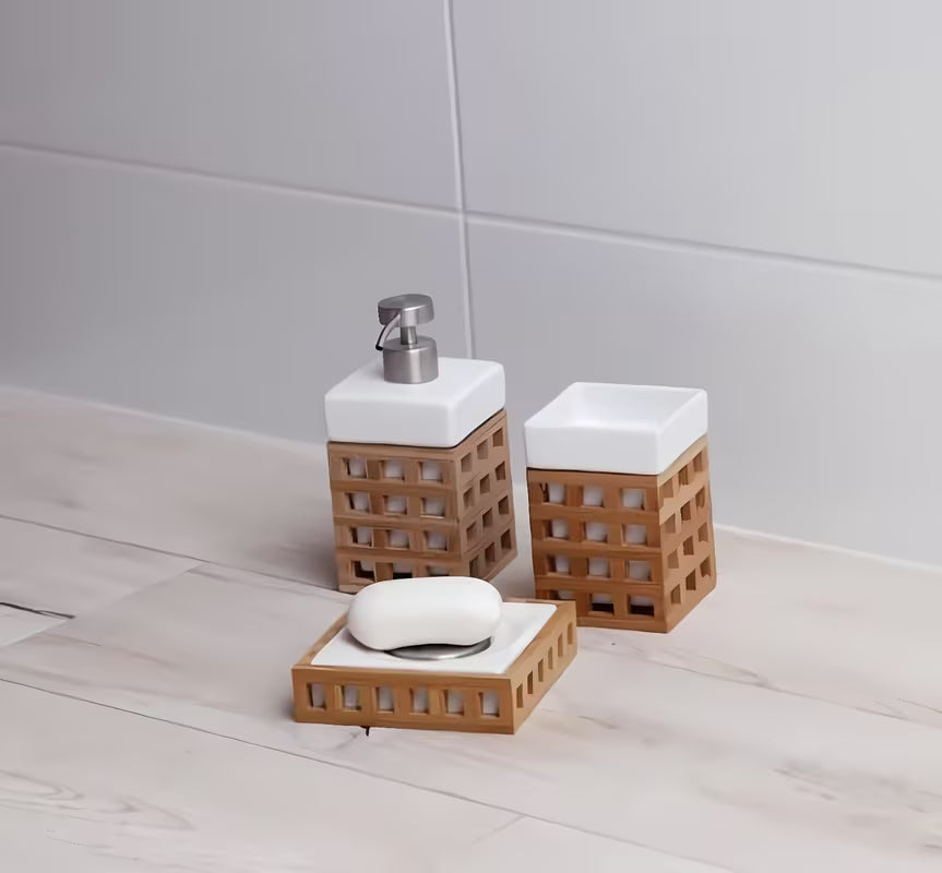 Laisvai pastatomas dėžutė Optima Libra baltos spalvos, su bambuko elementu, kvadratinio dizaino.