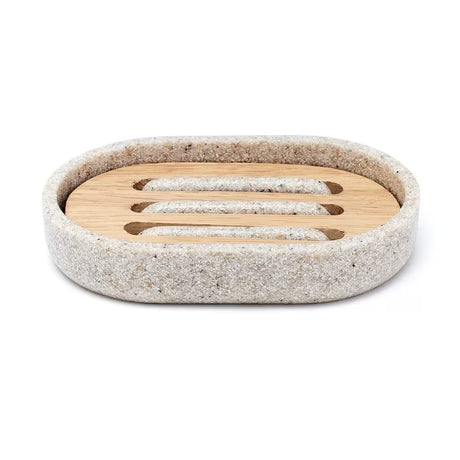 Ovalus muilinė Optima Poly, light-limestone atspalvio, iš polirezino ir medžio.