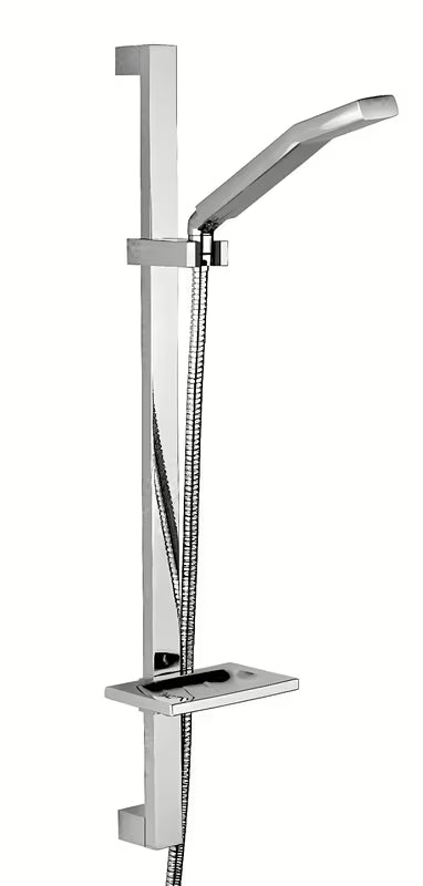 Chromuota dušo komplektas Paffoni Level su slankiojančiu strypu, rankiniu dušu Domino ir muiline, kvadratinio dizaino.