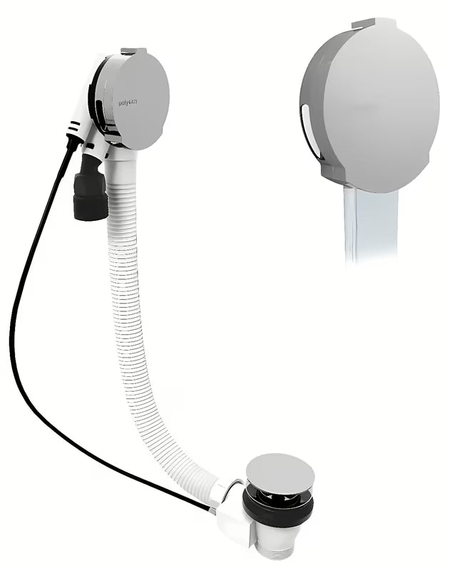 Chromuotas automatinis sifonas voniai Polysan su pripildymu, trosu 800 mm ir reguliuojamu aeratoriumi