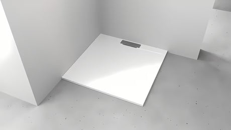 Balta kvadratinis dušo padėklas Polysan Kazuko 90x90 cm iš lieto marmuro, žemo 3 cm aukščio.