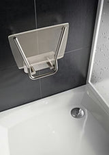 Atlenkiamos dušo sėdynė Ravak Ovo B II su nerūdijančio plieno konstrukcija ir skaidria permatoma sėdyne Clear.