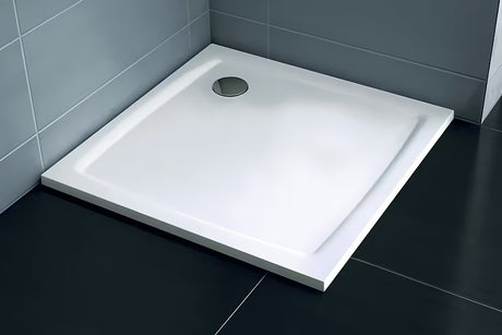 Balta kvadratinis dušo padėklas Ravak Perseus Pro Flat 90x90 cm iš lieto marmuro, lygaus paviršiaus