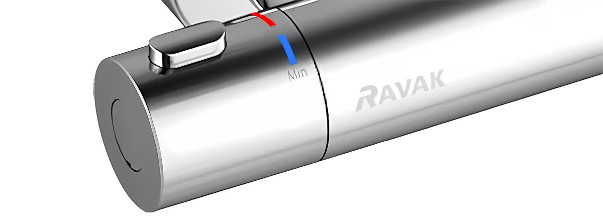 Chrominis sieninė termostatinė dušo maišytuvas Ravak Termo su 38 °C saugos ribotuvu ir CoolFeel technologija