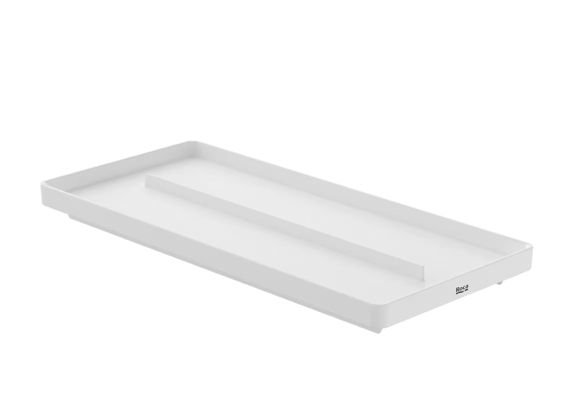 Matinės baltos spalvos laisvai pastatomas dubenėlis Roca Ona iš perdirbto ABS plastiko pro vonios kambario aksesuarams tvarkingai laikyti.