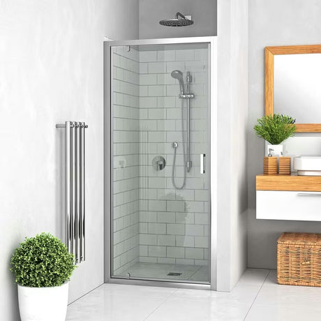 Dušo durys Roth Lega Line 70 cm blizgaus chromo spalvos su skaidriu stiklu, montuoti nišoje
