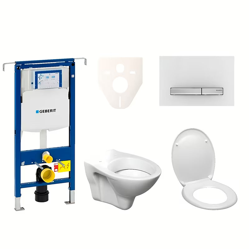Pakabinami WC komplektas S-Line Pro su moduliu Geberit Duofix, sėdyne ir baltos spalvos valdymo mygtuku Sigma 50.