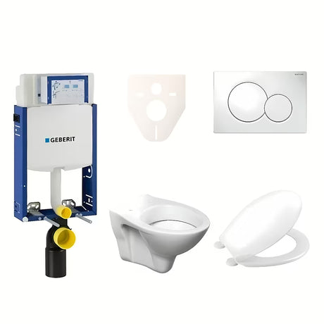 Pakabinami WC komplektas S-Line Pro su moduliu Geberit Kombifix, sėdyne URBAN ir baltu mygtuku Sigma 01.