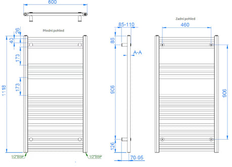 Kombinuotas vonios kambario rankšluosčių džiovintuvas S-Line 600 x 1118 mm, chromo apdaila, tiesaus profilio.