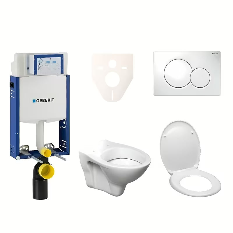 Pakabinami WC komplektas S-Line Pro su moduliu Geberit Kombifix, sėdyne ir blizgaus chromo Sigma 01 mygtuku