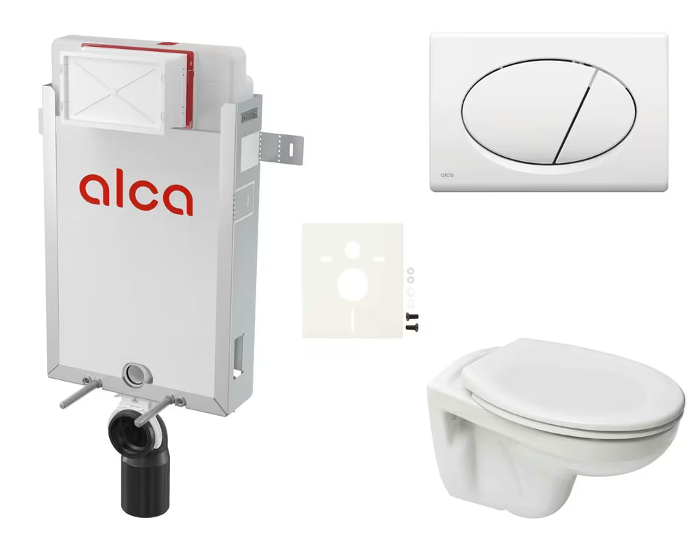 Pakabinami WC komplektas SIKO S-Line Pro įmūrijimui su paslėptu nuleidimu ir baltu nuleidimo mygtuku